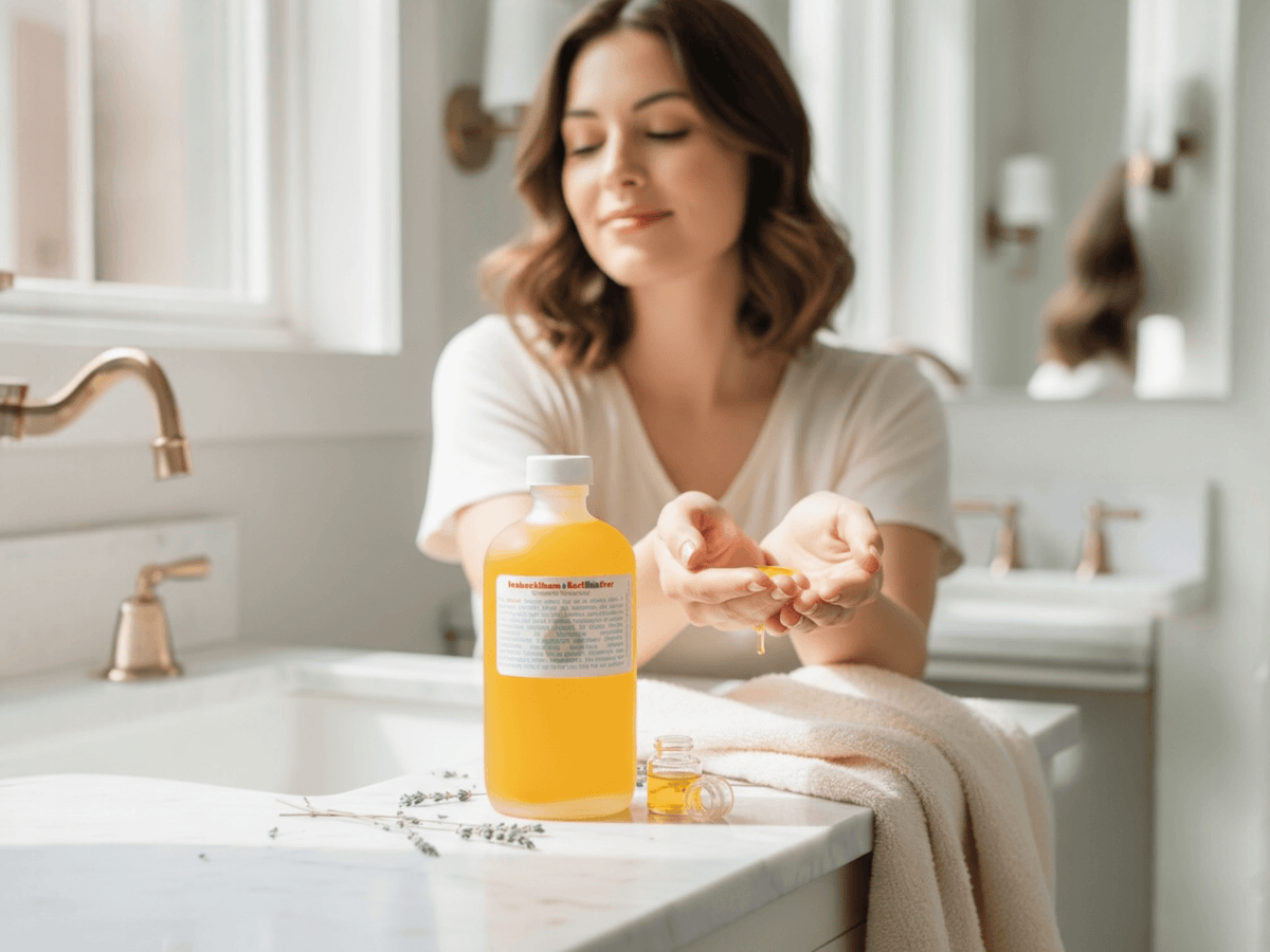 Woman holding natural exfoliation benefits oil in a bright bathroom, emphasizing natural skincare routine.