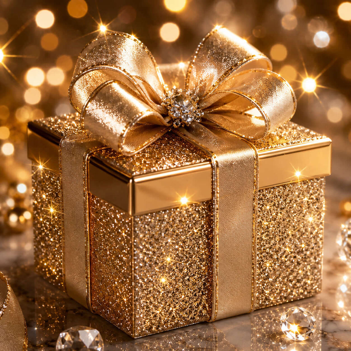 A glittering gold gift box with a sparkling ribbon, perfect for unique gift ideas for special occasions.