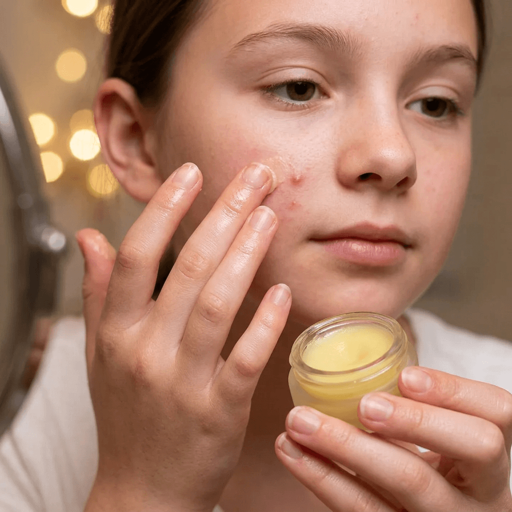 A girl applying effective acne blemish treatments on her face with a small jar of cream in hand.