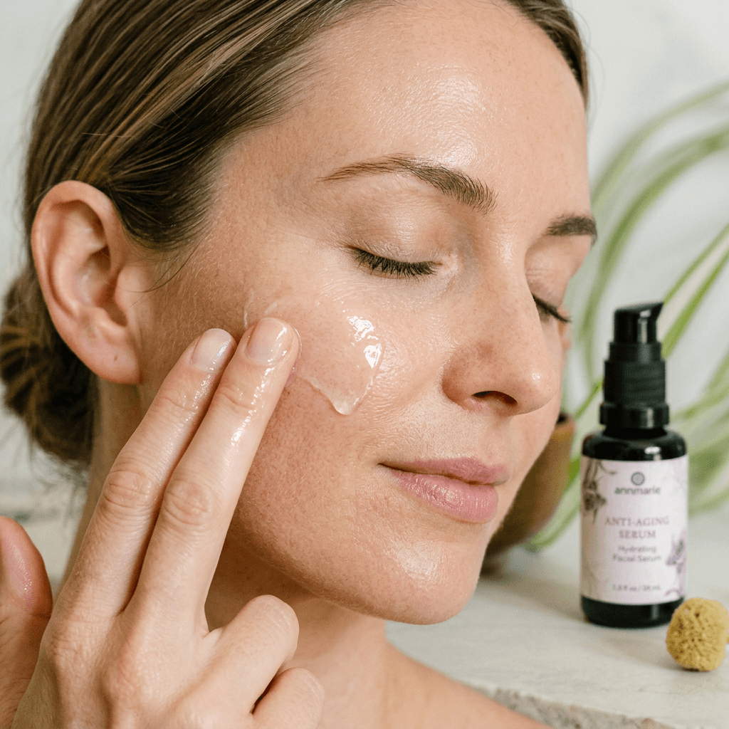 Woman applying best anti aging serums on her face with a bottle of anti-aging serum in the background.