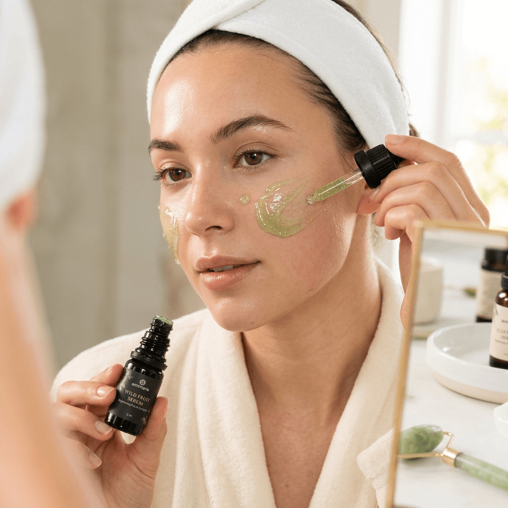 Woman applying best repair serums for healthy skin while looking in the mirror.
