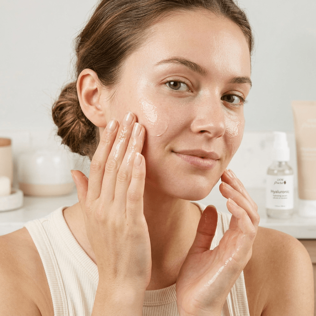 Woman applying hydrating serum on her face, showcasing best hydrating serums for glowing skin.