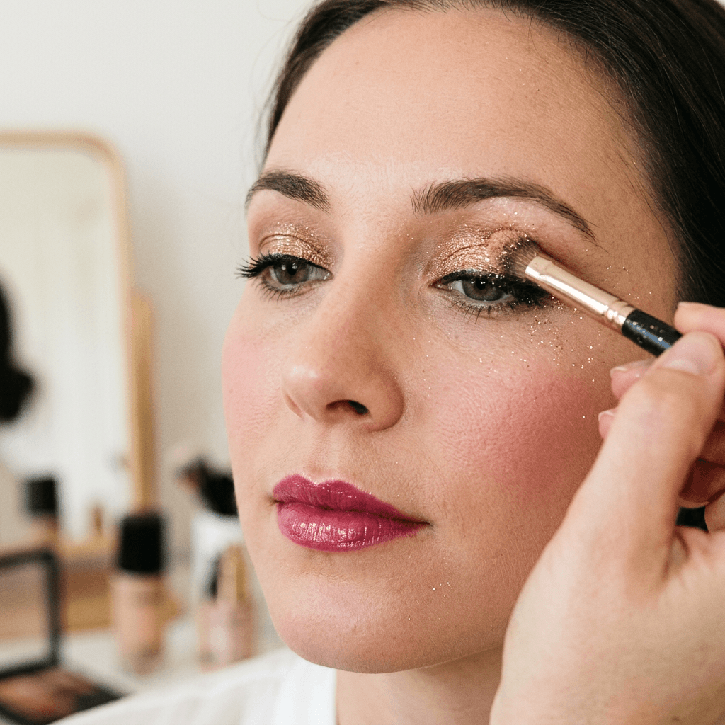 Woman applying festive party makeup gifts with shimmering eyeshadow for a glamourous look.