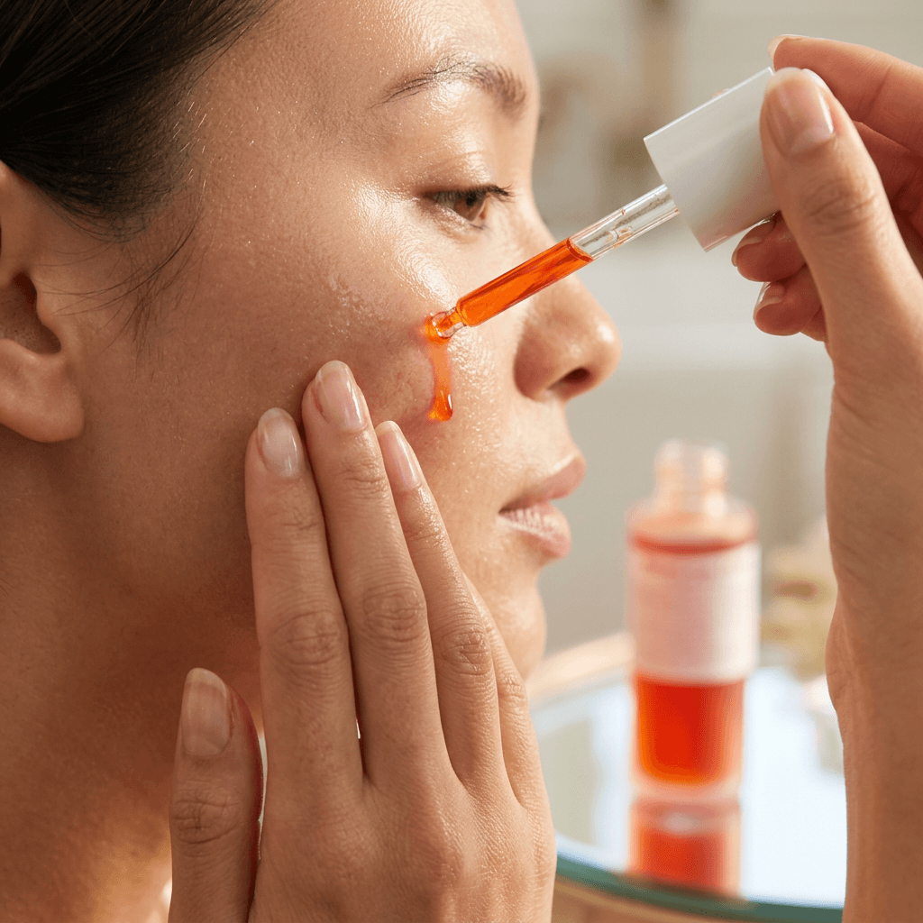Applying a facial serum for glowing skin, showcasing the best skincare serums for glowing skin.