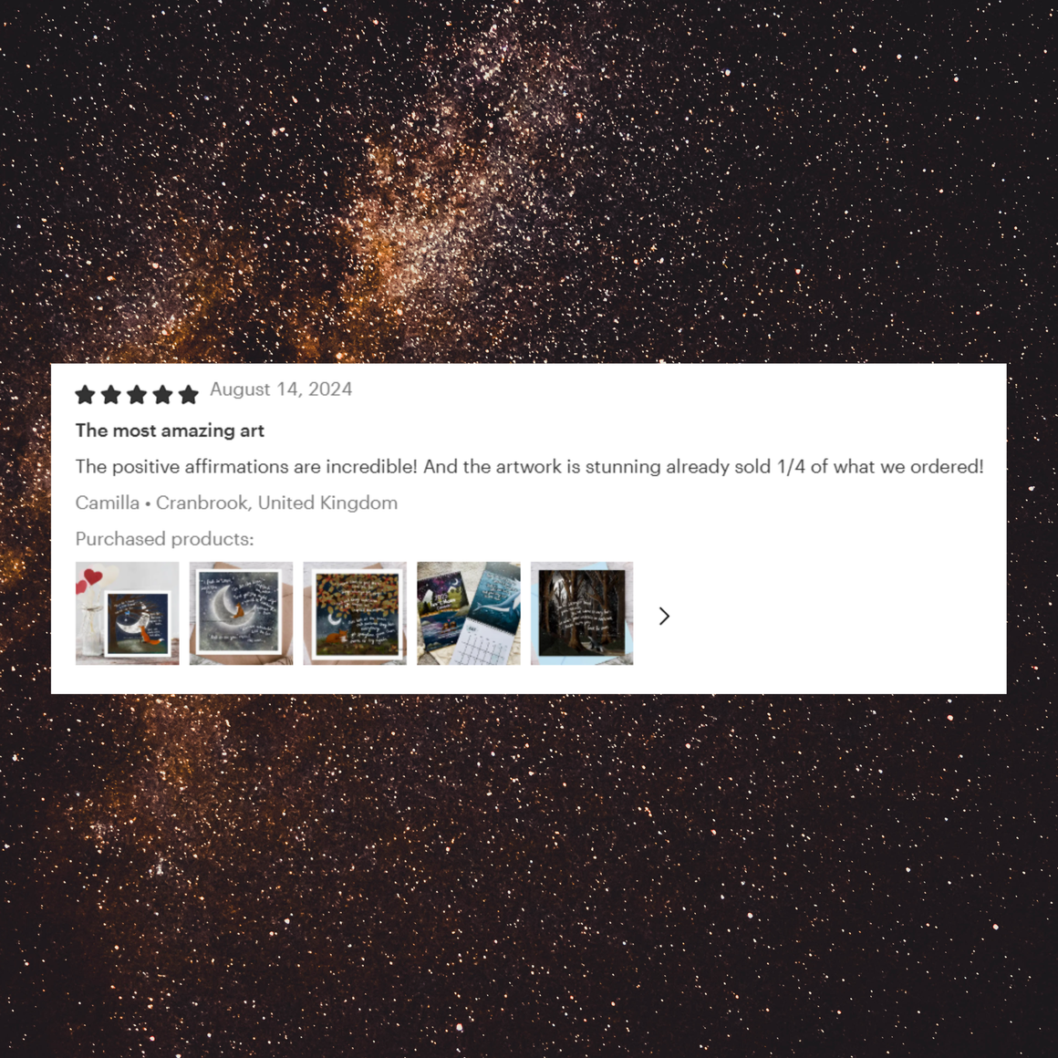 Starry night sky with a product review overlay on a black background