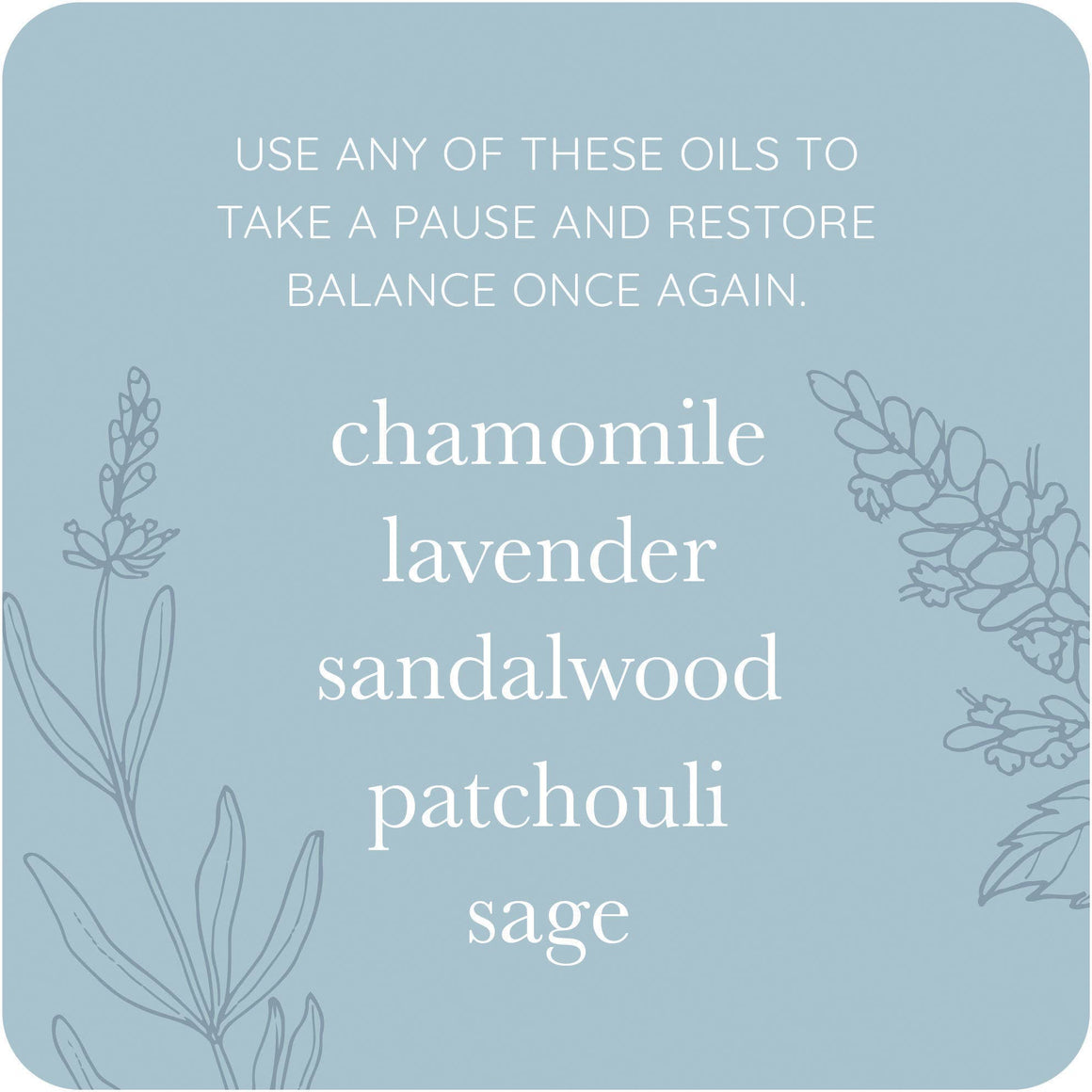Text on a light blue background with floral elements and a list of essential oils.
