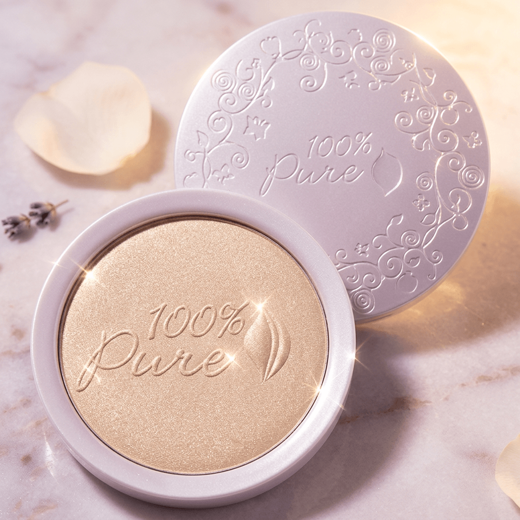100% Pure powder in a white compact on a marble surface