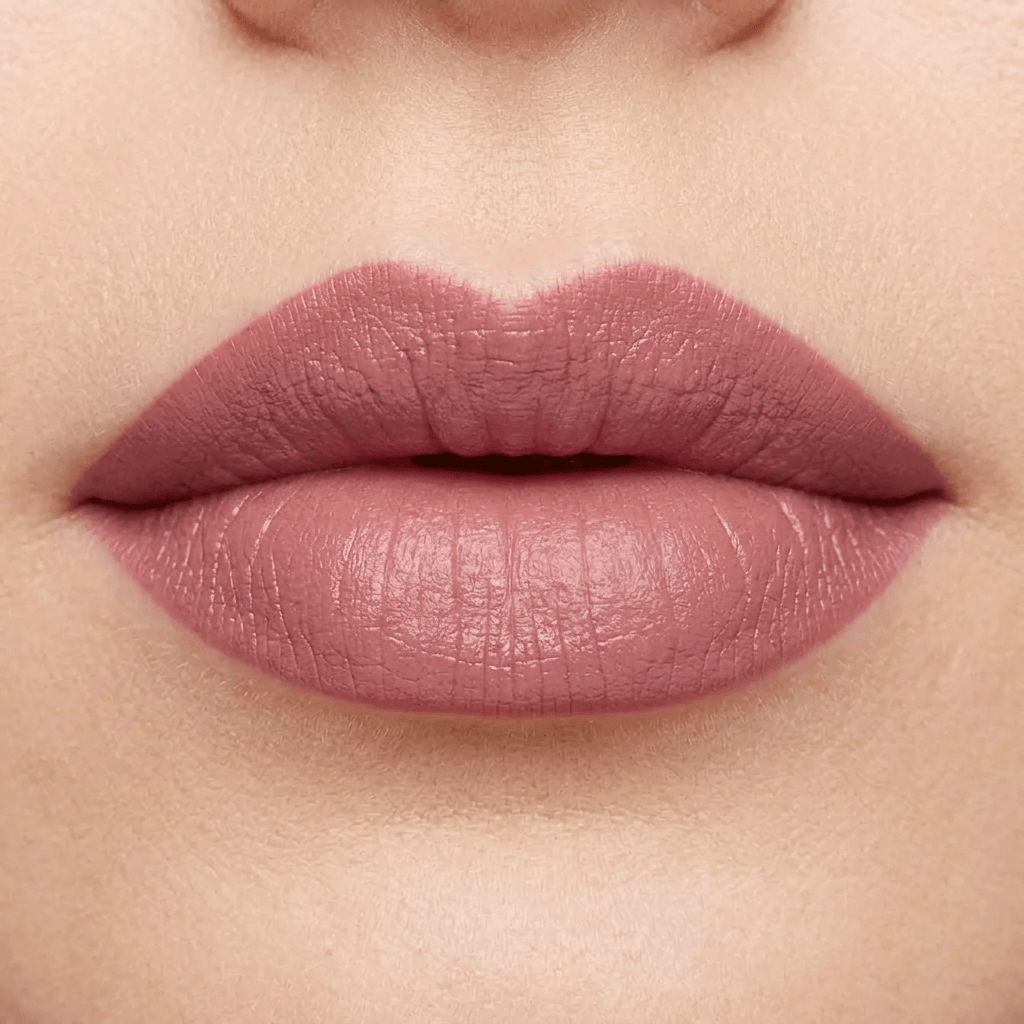 Close-up of a person's lips with a soft pink lipstick