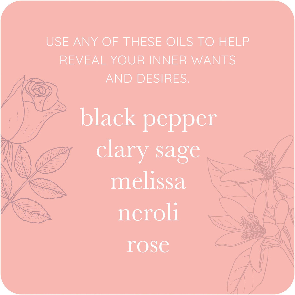 Pink background with floral illustrations and text about essential oils on a pink card.