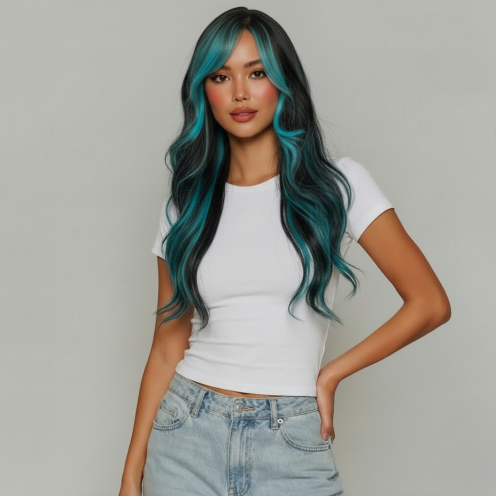 Millie long black wig with teal highlights styled in soft waves, perfect for a bold fashion statement.