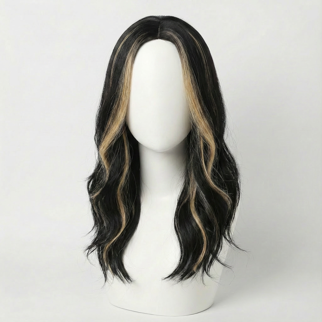 Dani Black Bodywave Wig with Blonde Highlights displayed on a mannequin, showcasing soft waves and strategic blonde accents.