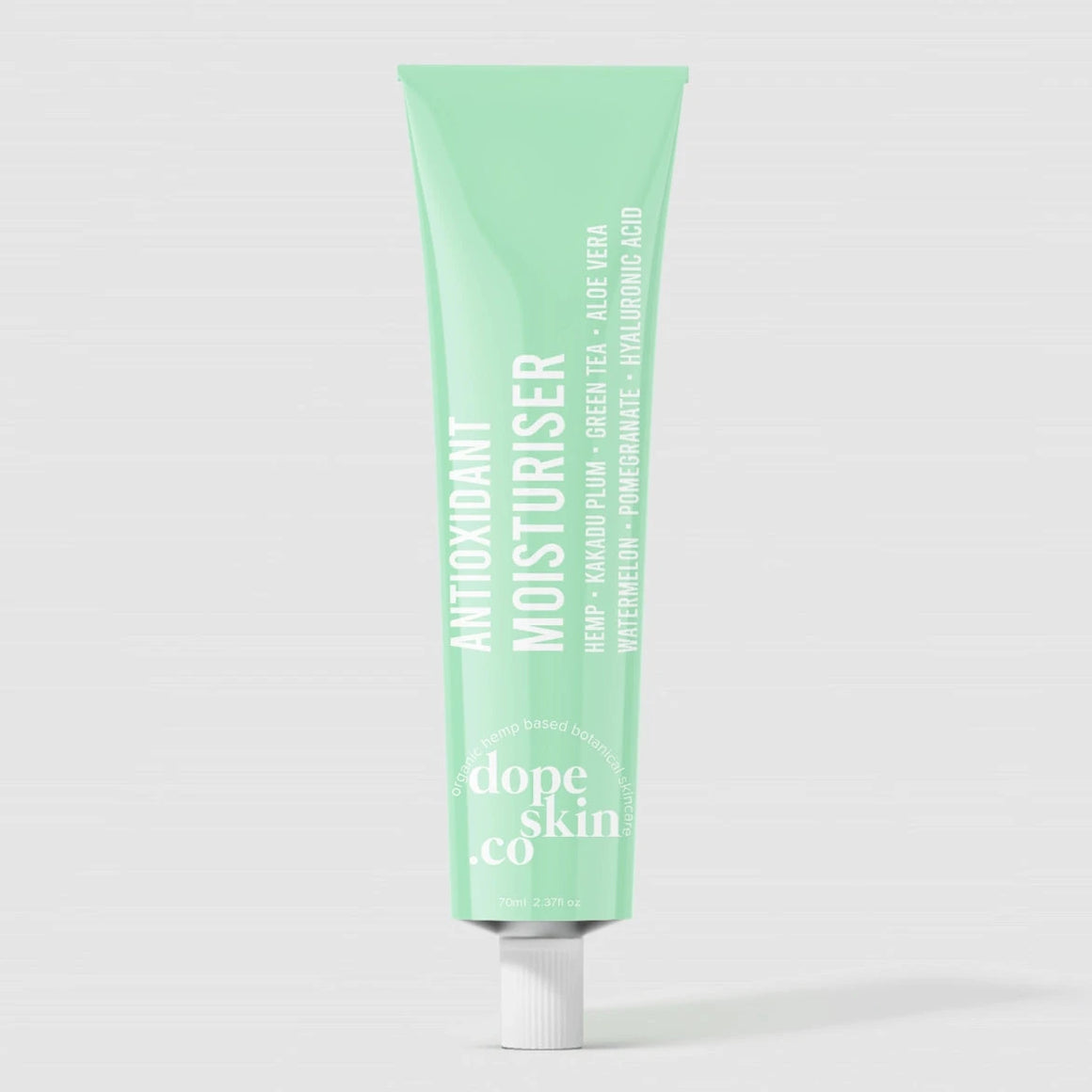 Antioxidant Botanical Moisturiser from Dope Skin in a mint green tube providing hydration and protection.