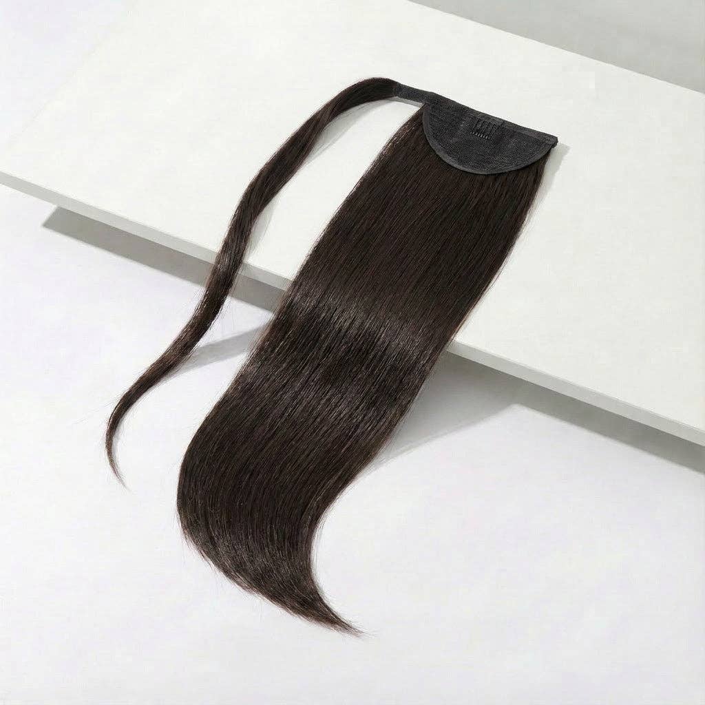 20-inch chocolate brown ponytail hair extension silky straight on a white surface