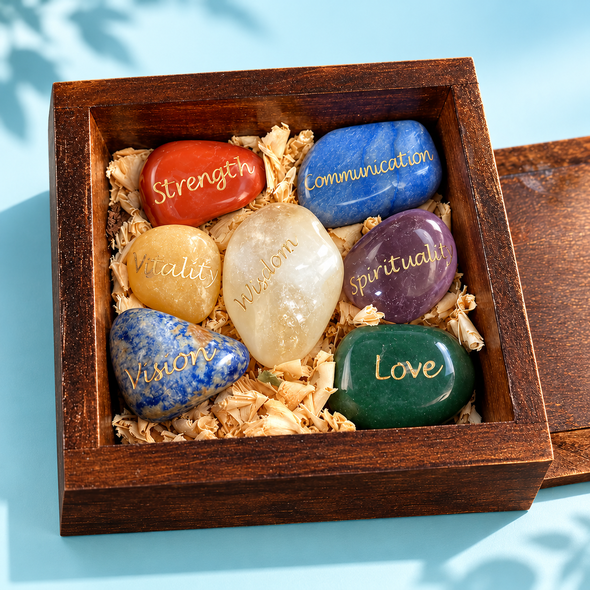 Seven Chakra Stones Set – Engraved Gemstones in Wooden Box