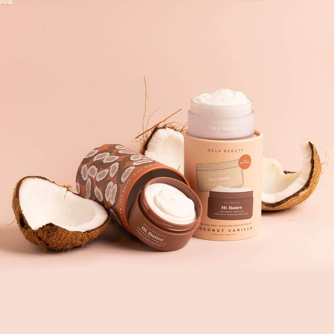 Coconut butter product with coconuts on a beige background