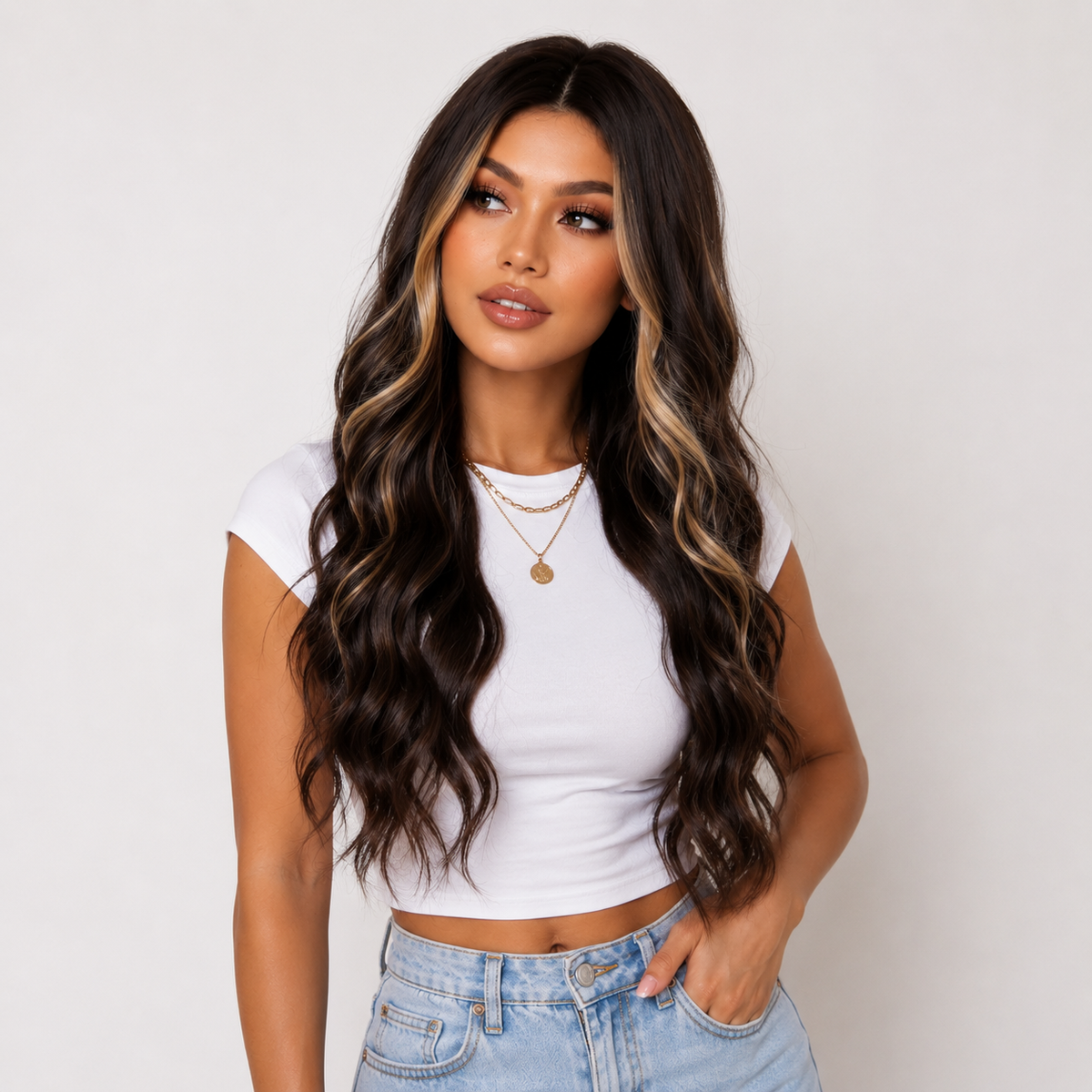 "Elisabeth" - Long Brown Wig with Money Piece Highlights