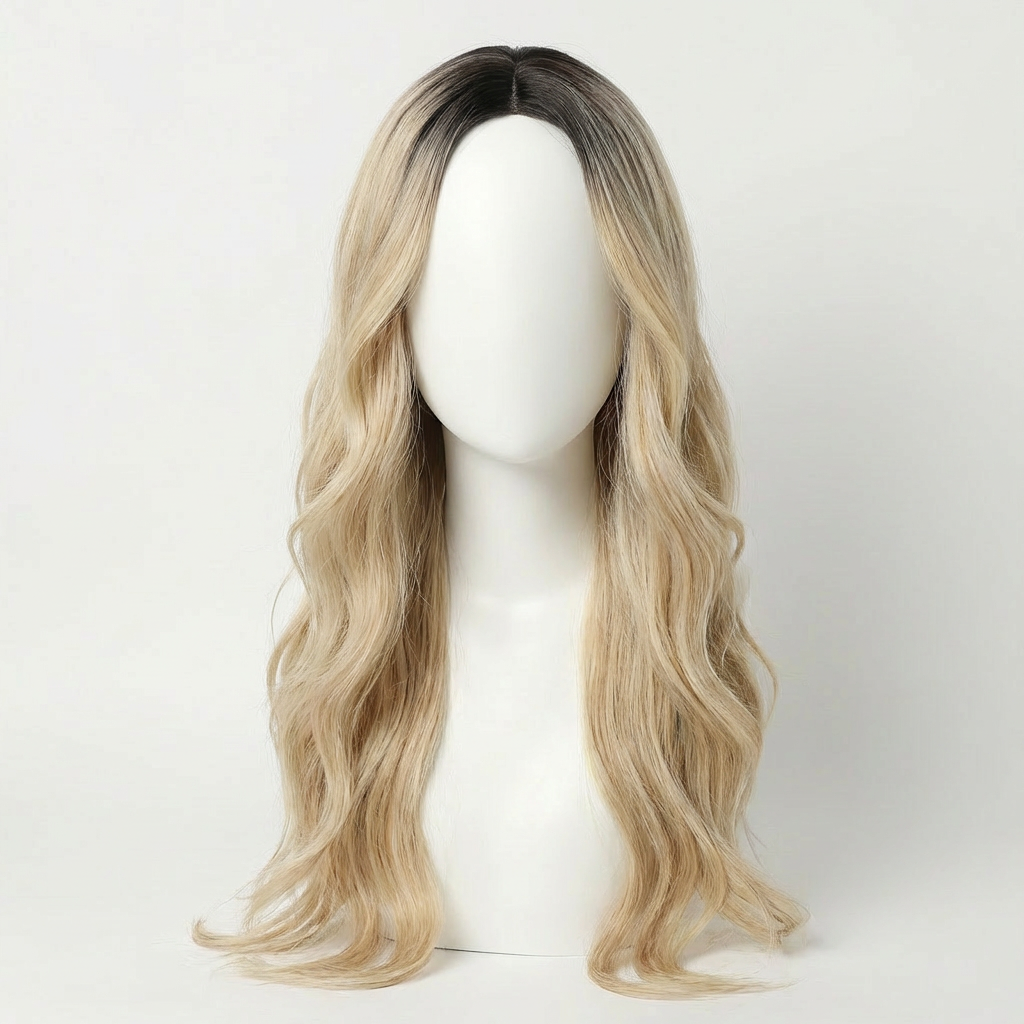 Shannon Long Blonde Lace Front Wig featuring soft waves and natural roots for a glamorous look.