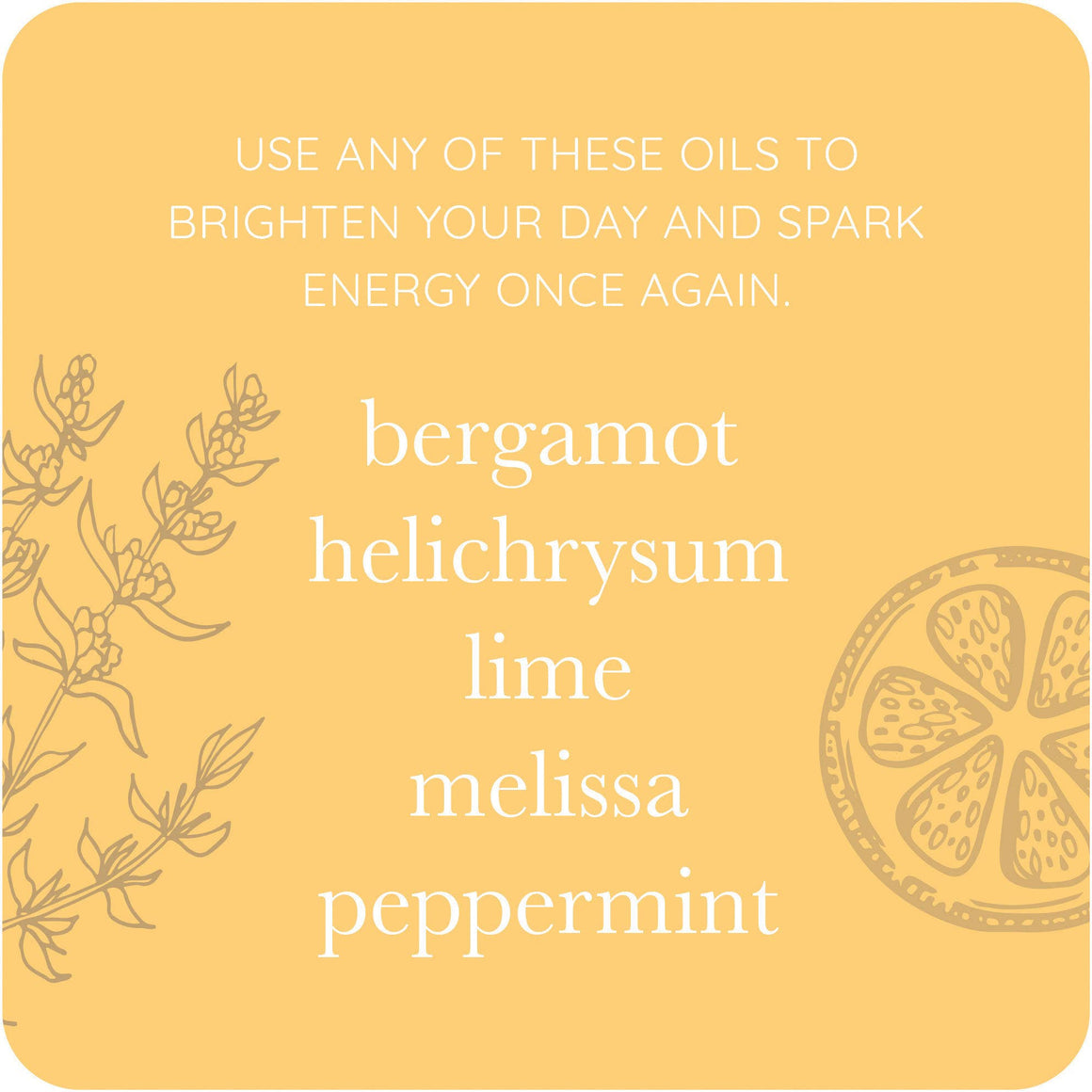 Yellow card with text and illustrations of essential oils on a yellow background