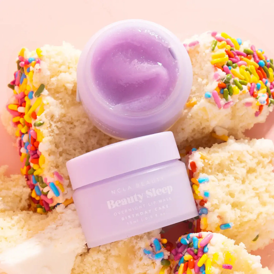 Beauty Sleep Overnight Lip Mask - Birthday Cake with colorful sprinkles on cake, promoting hydrated lips.