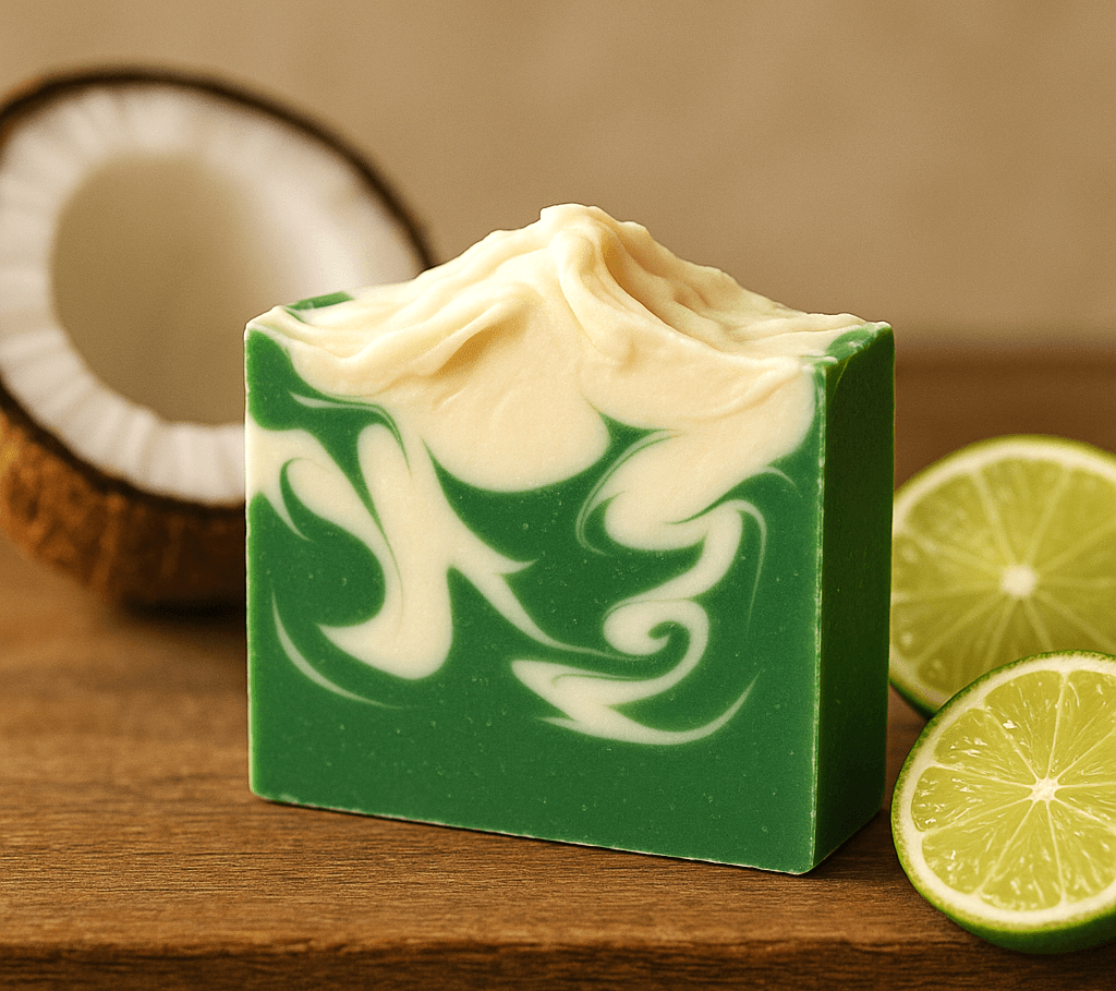 Lime Bar Soap with creamy coconut and lime accents, showcasing tropical freshness on a wooden surface.