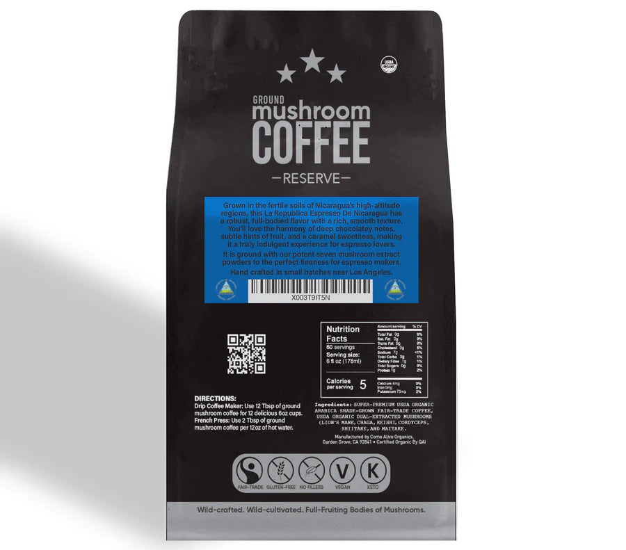 Espresso De Nicaragua Ground RESERVE Mushroom Coffee - La Republica