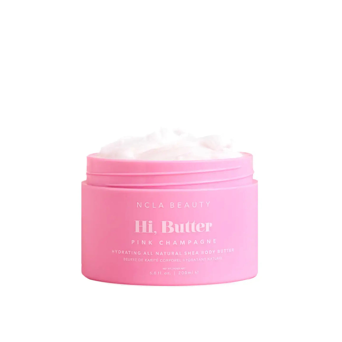 Hi, Butter All Natural Shea Body Butter in Pink Champagne tub, ultra-hydrating natural shea body butter.