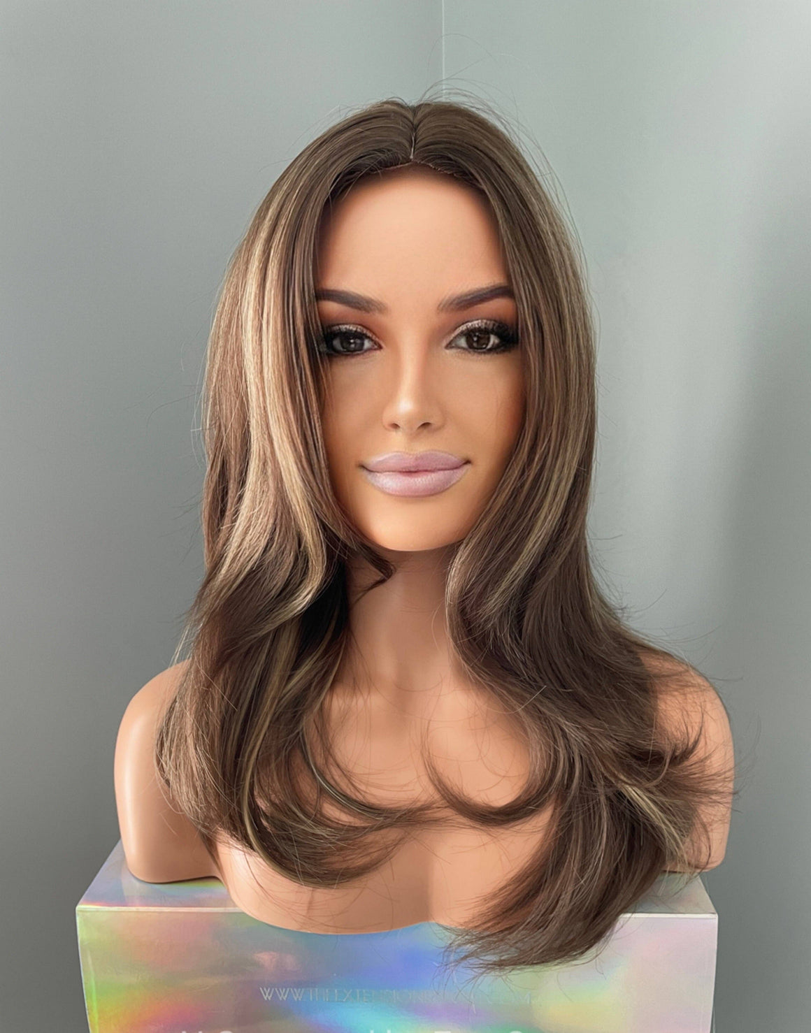 Yaz Brown Layered Wig with Blonde Highlights, featuring soft layers and face-framing highlights for a natural look.