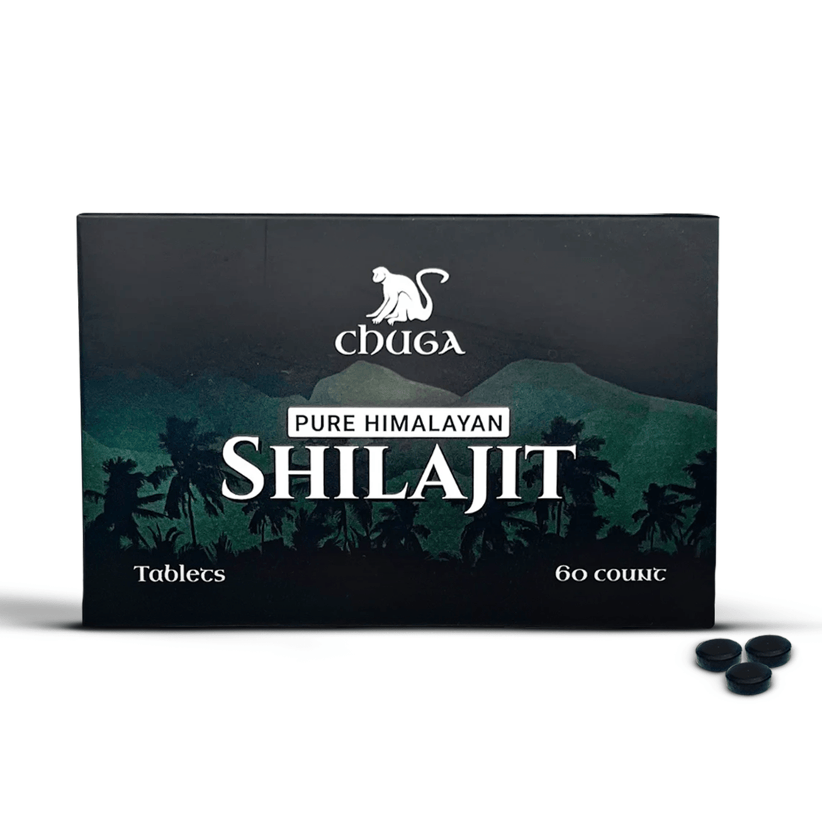 Himalayan Shilajit tablets supplement packaging with 60 count and product branding.
