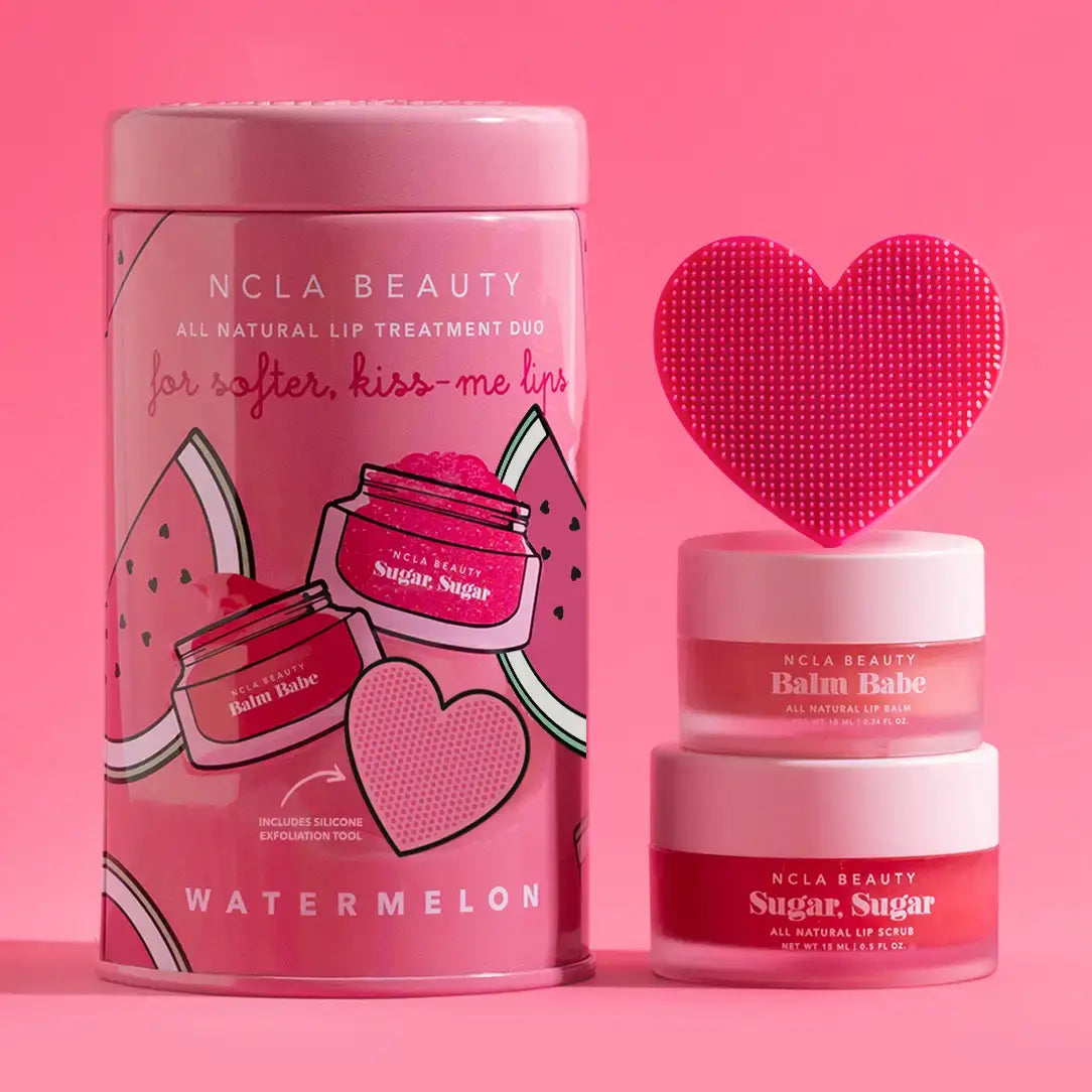 Watermelon Lip Care Set + Lip Scrubber, featuring Sugar, Sugar Lip Scrub and Balm Babe Lip Balm for soft lips.