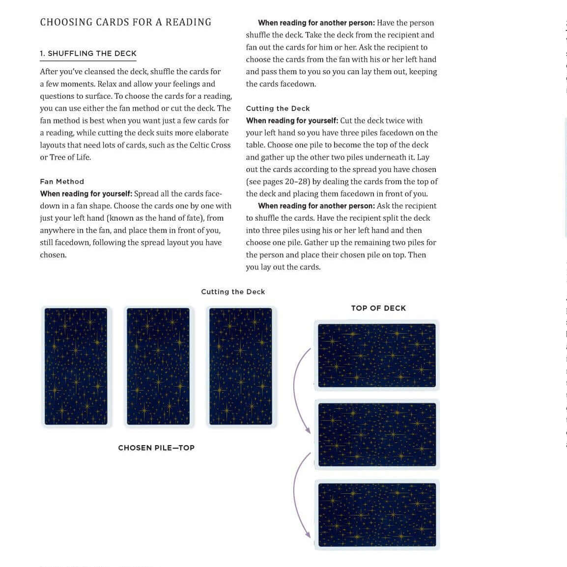 Instructional page on tarot card reading with text and illustrations.