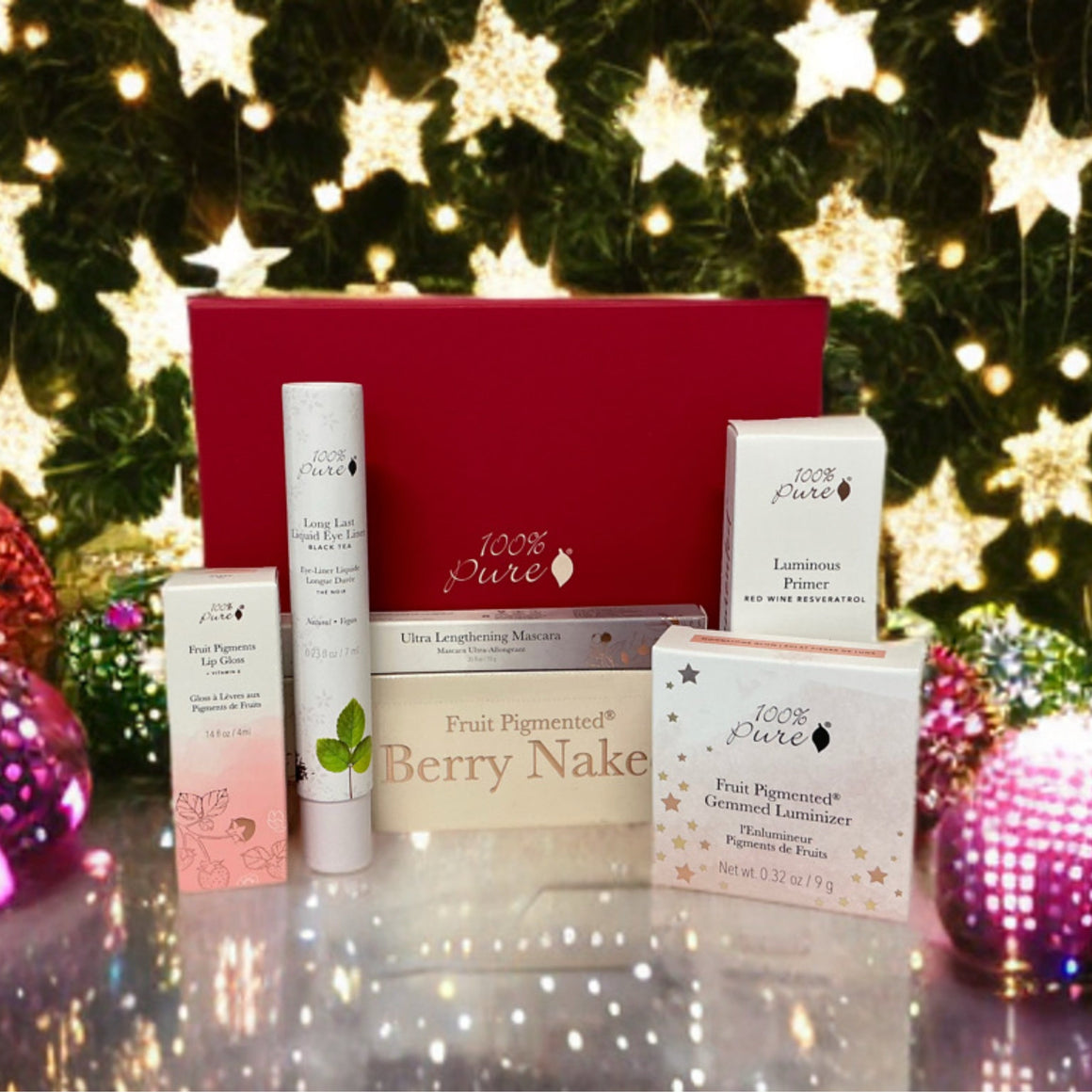 Dance floor beauty bundle featuring 100% PURE cosmetics in a festive setting with holiday lights.