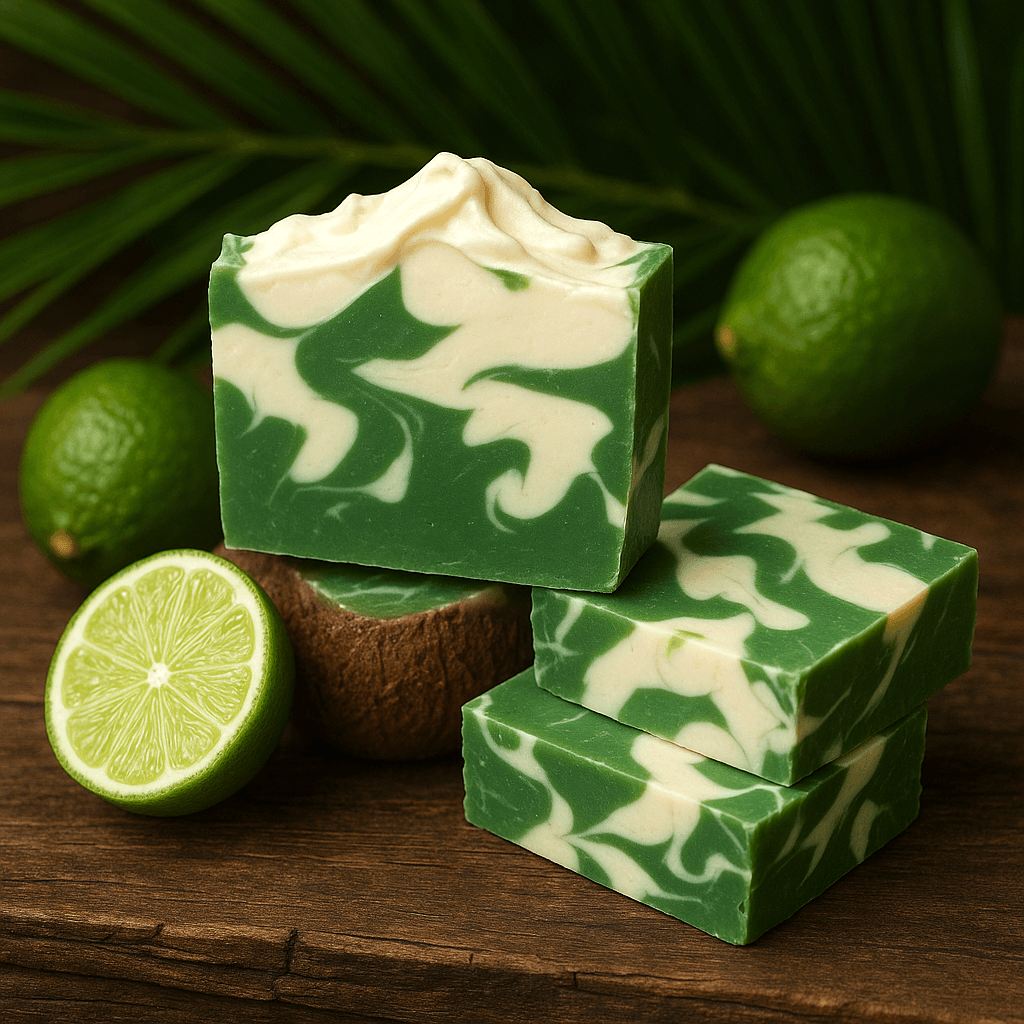 Coconut Lime Bar Soap with swirls, featuring lime and coconut, on wooden surface, perfect for tropical freshness.