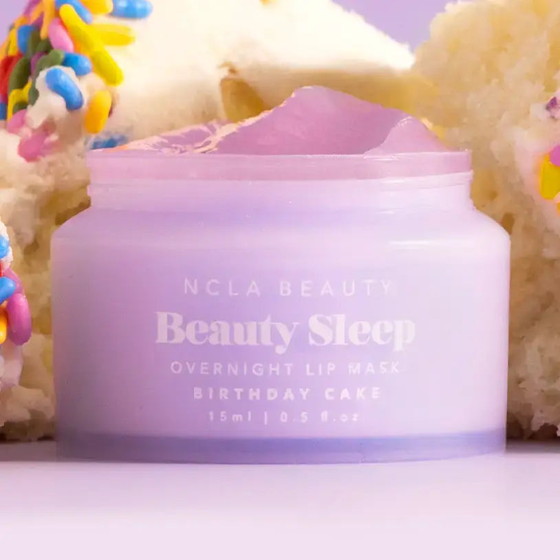 Beauty Sleep Overnight Lip Mask – Birthday Cake in a jar with sprinkles and cake nearby, perfect for hydrating lips.
