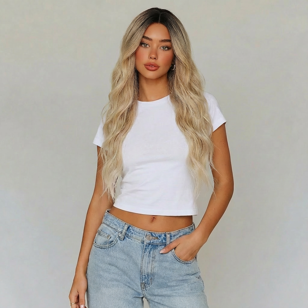 Model wearing Shannon long blonde lace front wig with beach waves and casual white top.