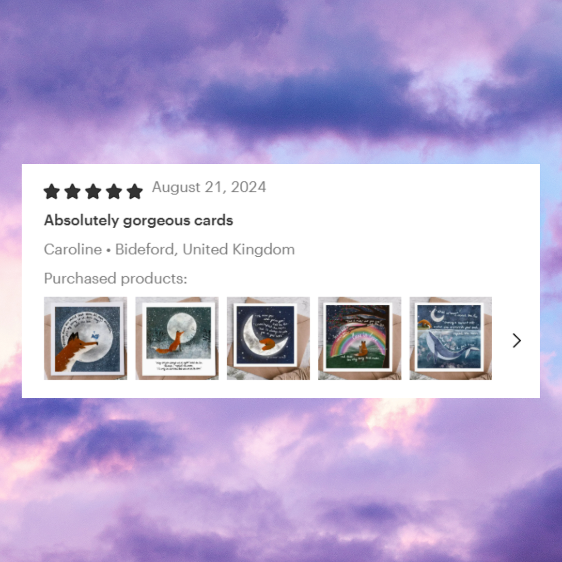 Five-star review with product images on a purple sky background