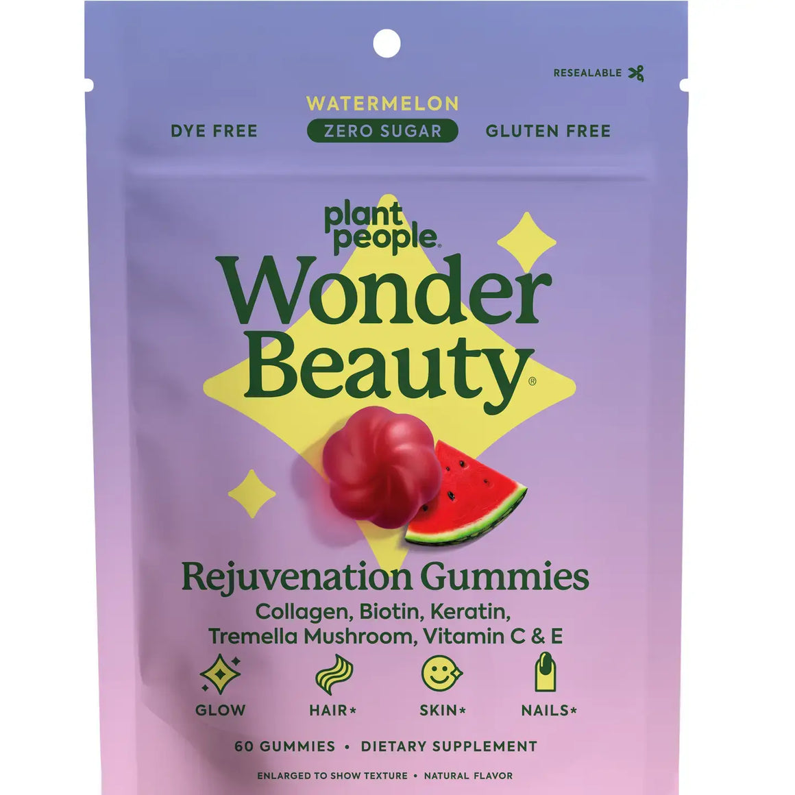 WonderBeauty Hair, Skin & Nails Gummies packaging featuring watermelon flavor, zero sugar, and dietary supplement information.