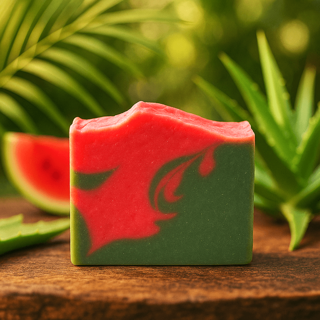 Aloe Watermelon Soap Bar - Soap Boutique with vibrant marbled design, surrounded by aloe vera and watermelon.