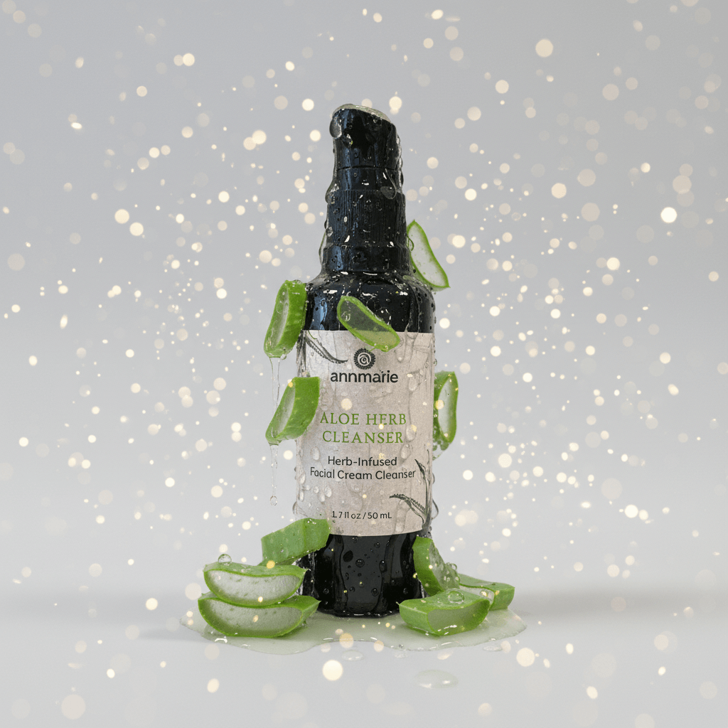 Bottle of Annmarie Skin Care Aloe Herb Cleanser with aloe vera slices on a gray background