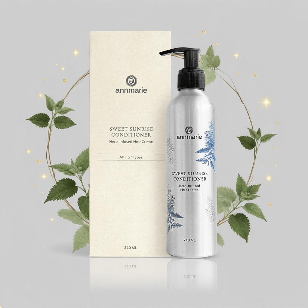 Annmarie Sweet Sunrise Conditioner bottle and packaging on a gray background with green leaves.