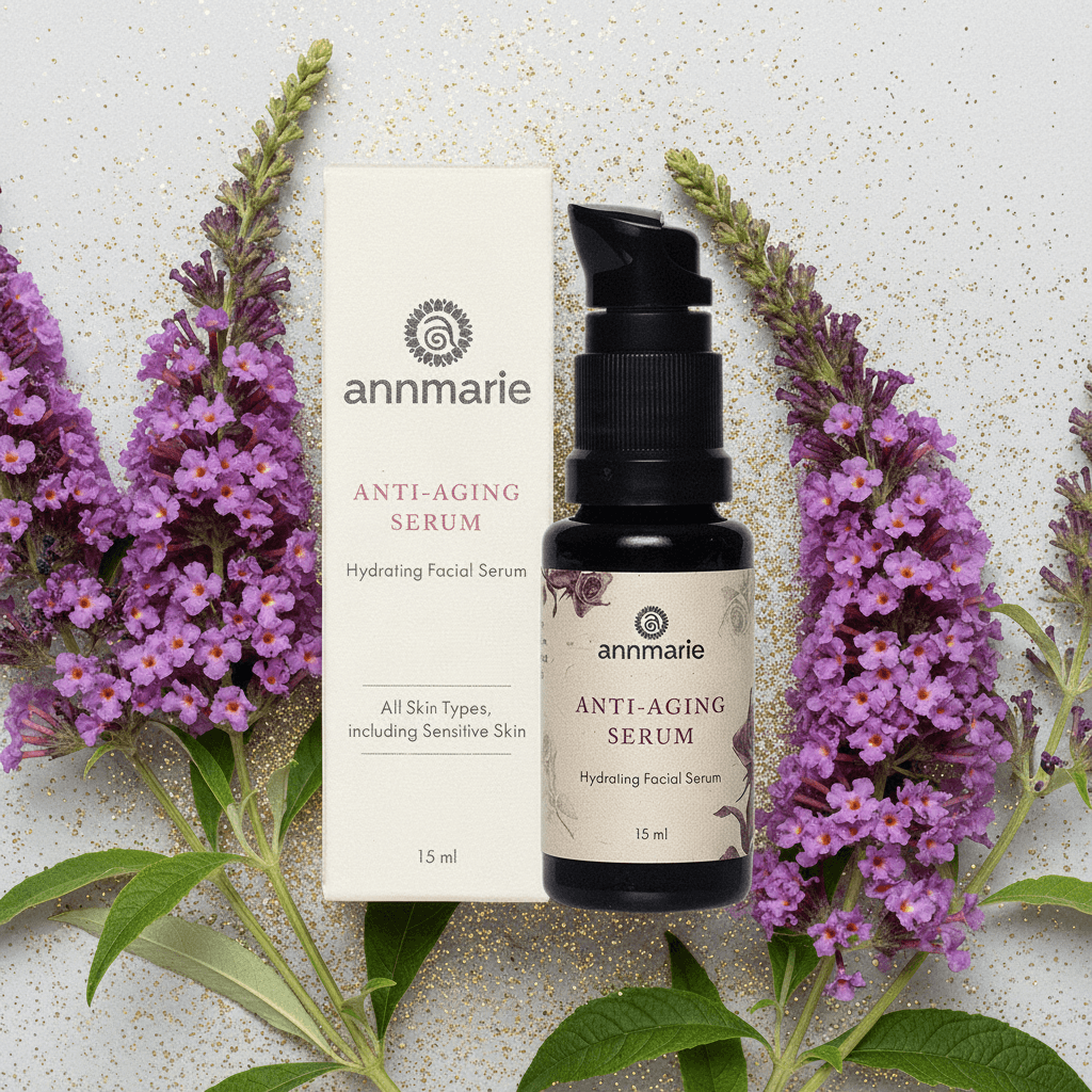 annmarie anti-aging serum bottle and packaging with purple flowers on a light background