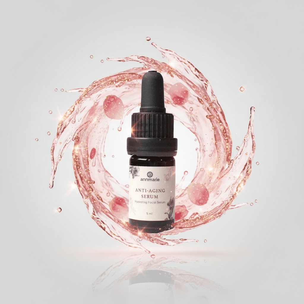 Anti-aging serum bottle with dropper on a gray background with pink liquid splash effect
