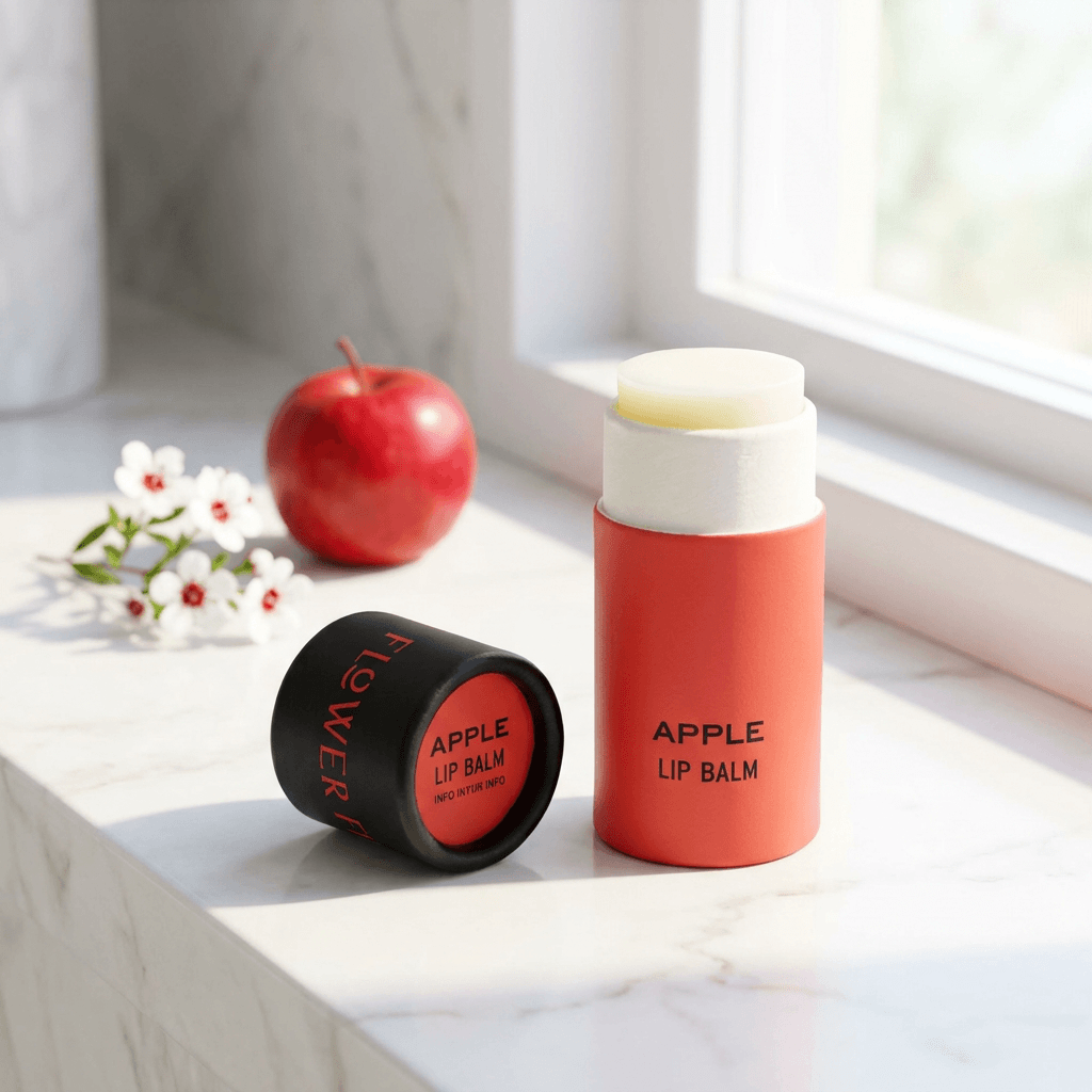 Apple Organic Lip Balm displayed on a marble countertop with an apple and flowers in the background.