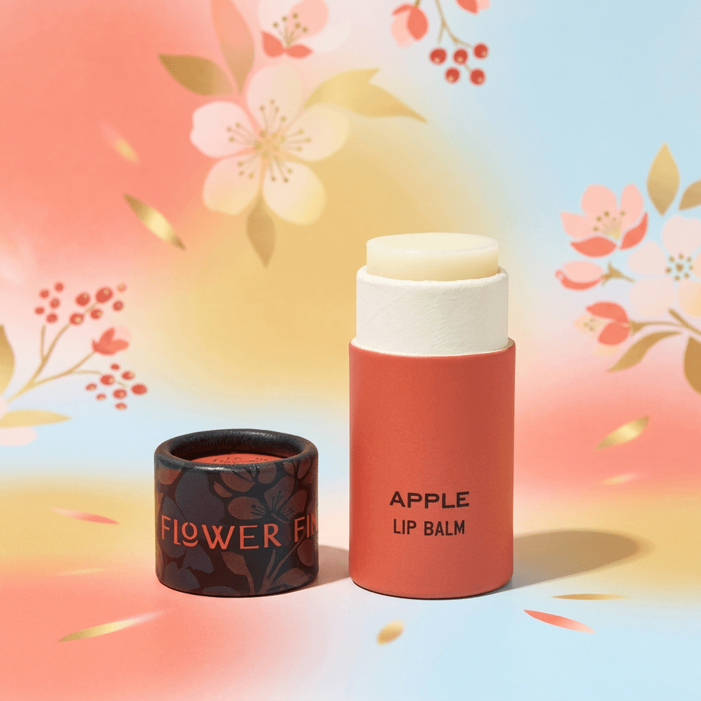 Apple Organic Lip Balm displayed with floral background, showcasing its eco-friendly packaging and nourishing properties.
