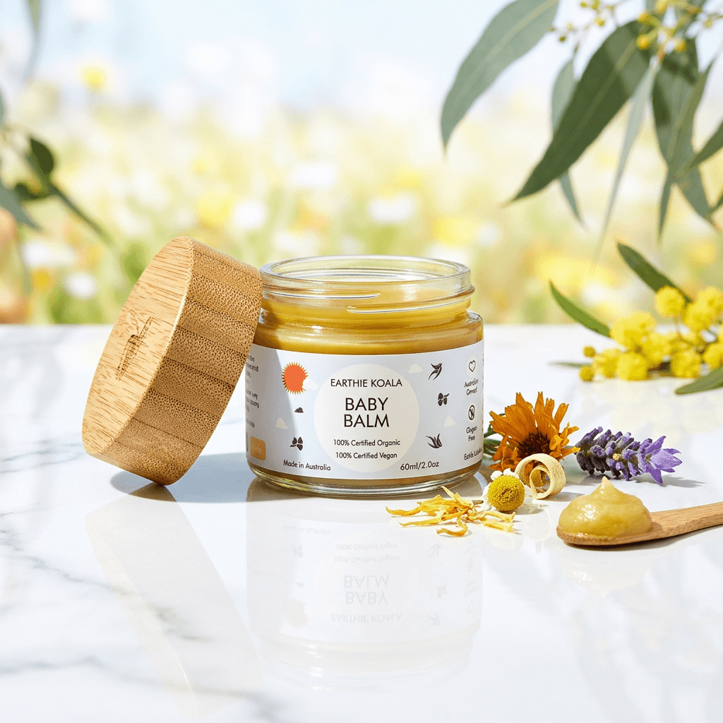 Baby Balm with Lavender and Orange Oil 60ml  - Earthie Koala in a jar with bamboo lid, surrounded by flowers and natural elements.
