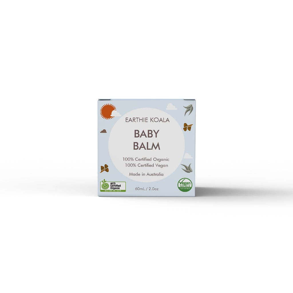 Baby Balm with Lavender and Orange Oil 60ml  - Earthie Koala packaging featuring 100% certified organic and vegan labels.
