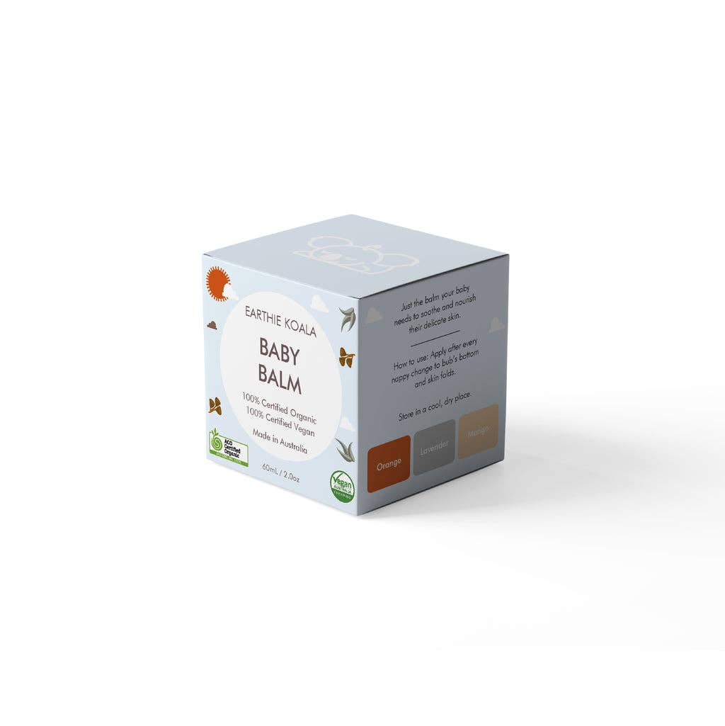 Baby Balm with Lavender and Orange Oil 60ml  - Earthie Koala product packaging featuring calming design and organic ingredients.