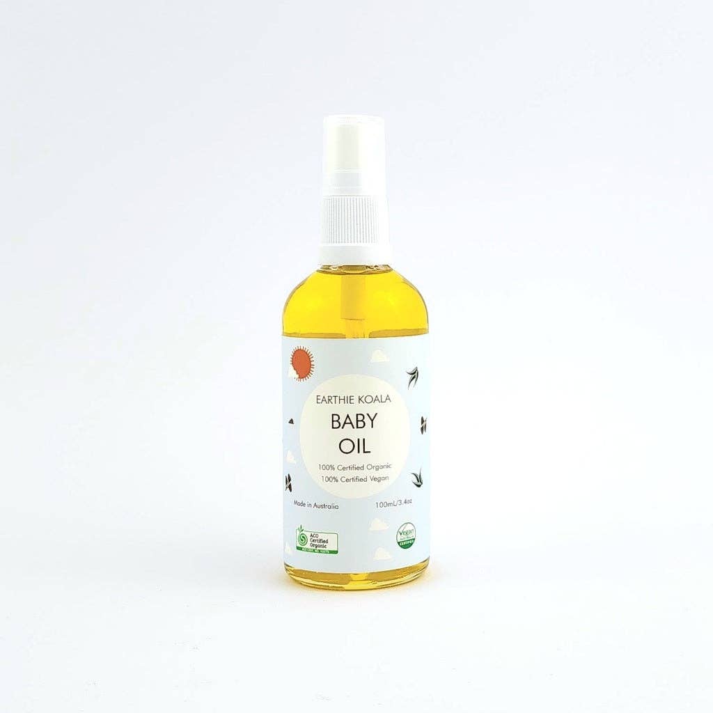 Earthie Koala Baby Oil in a spray bottle, 100ml, designed for gentle baby skin care.