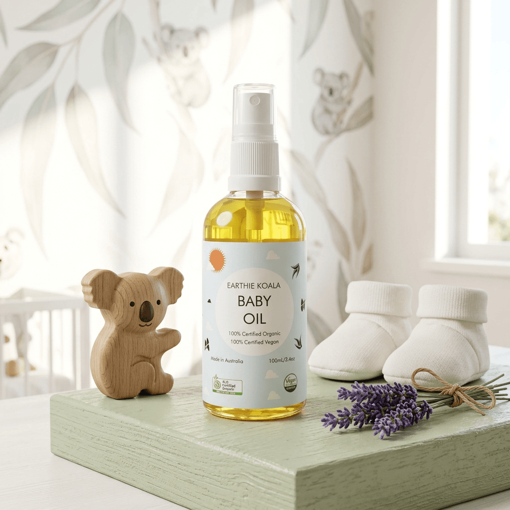 Baby Oil - Nourishing Avocado & Lavender 100ml - Earthie Koala on a shelf with lavender and baby items.