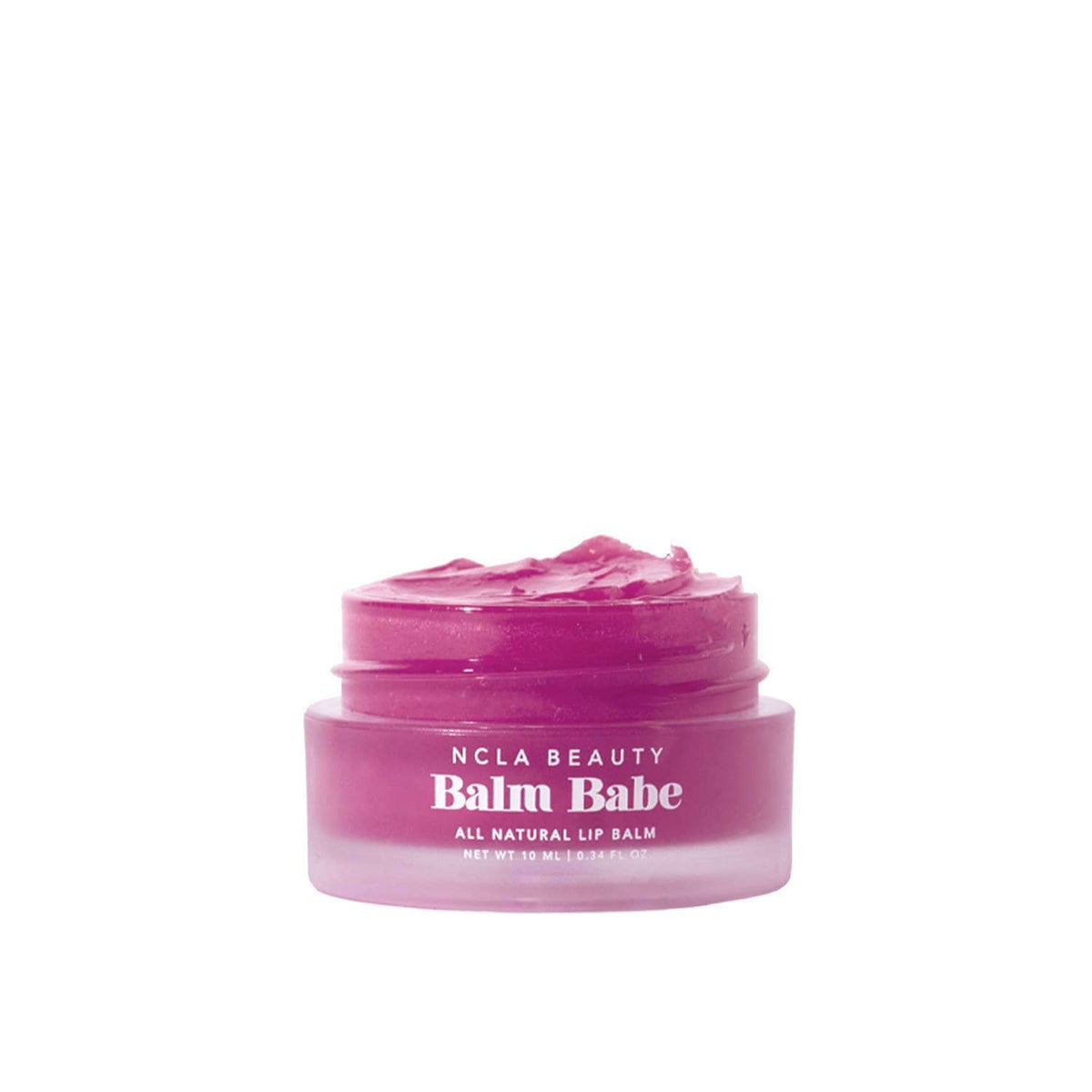 Pink lip balm jar labeled 'Balm Babe' by NCLA Beauty on a white background