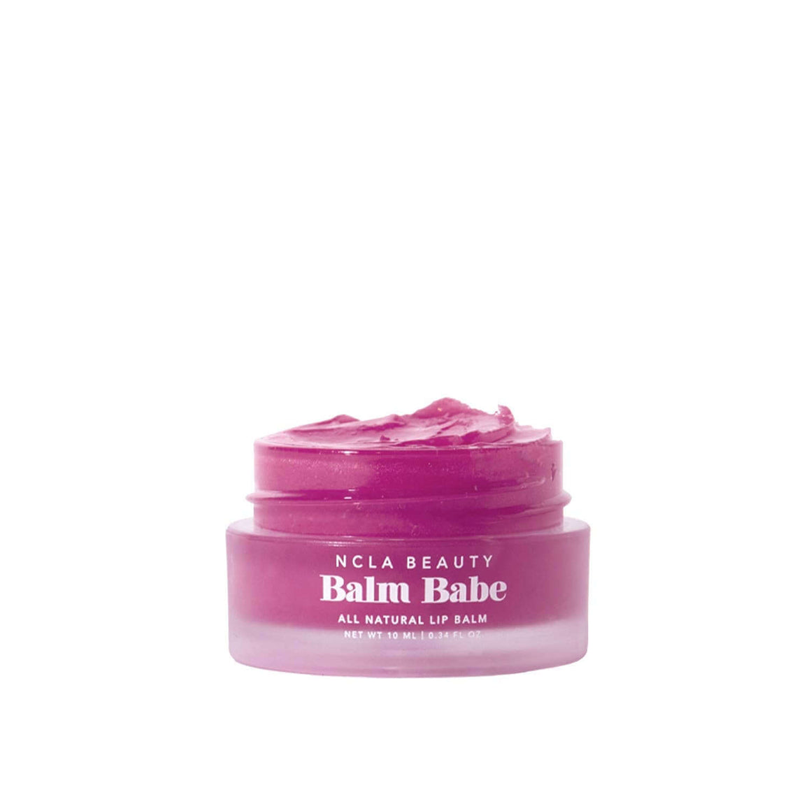 Pink lip balm jar labeled 'Balm Babe' by NCLA Beauty on a white background